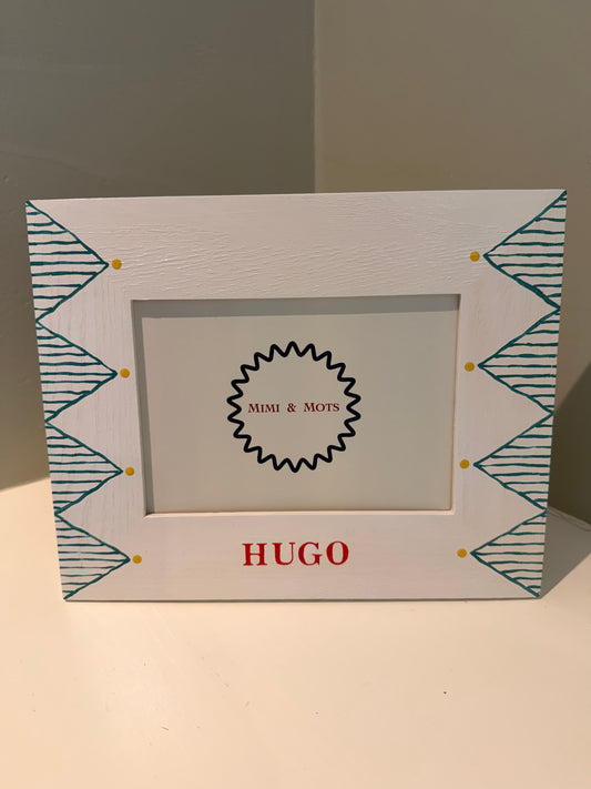 Hand painted photo frame with green detail and red name