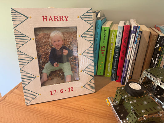 Personalised green geometric oak photo frame in landscape orientation, handmade in the UK — Mimi & Mots