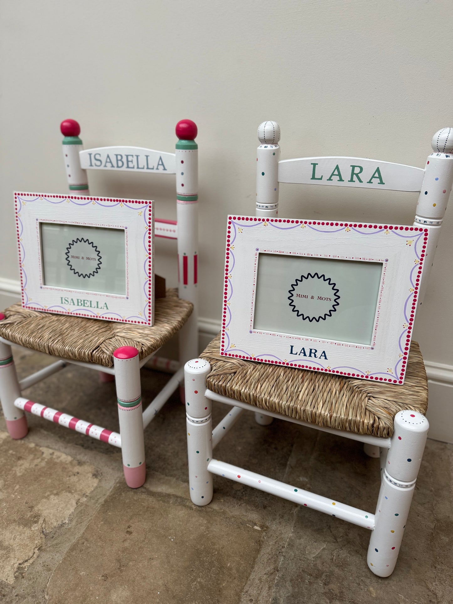 Hand painted children chairs with woven seat pad.  Dragons of Walton Street. 