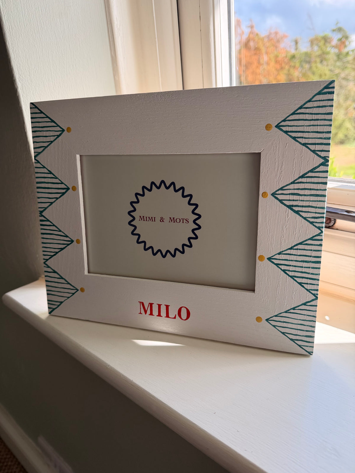 Personalised Green Geometric Children's Photo Frame | Hand-Painted Oak