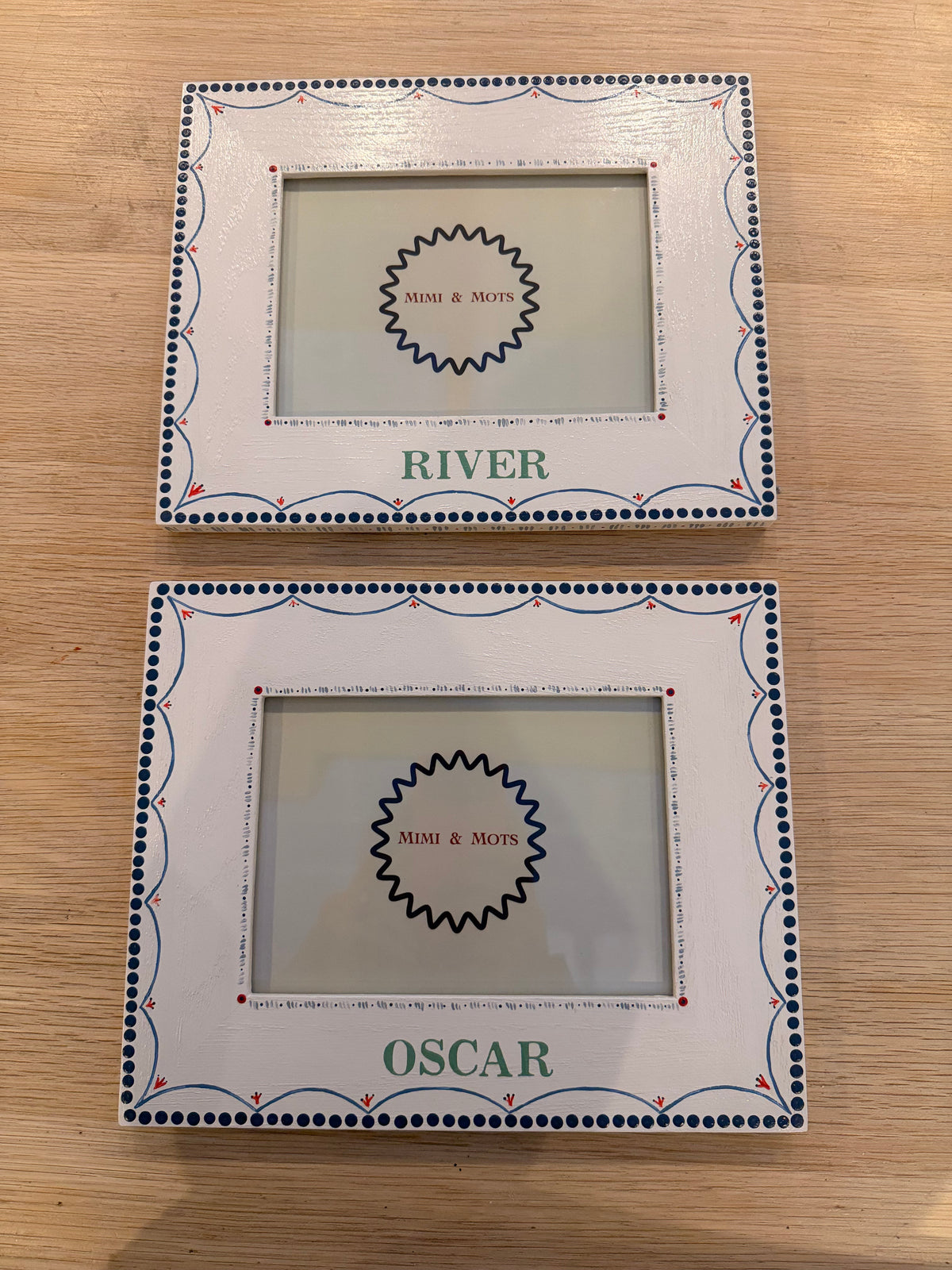 Wooden personalised Childs birthday gift. Blue painted frames with red. 