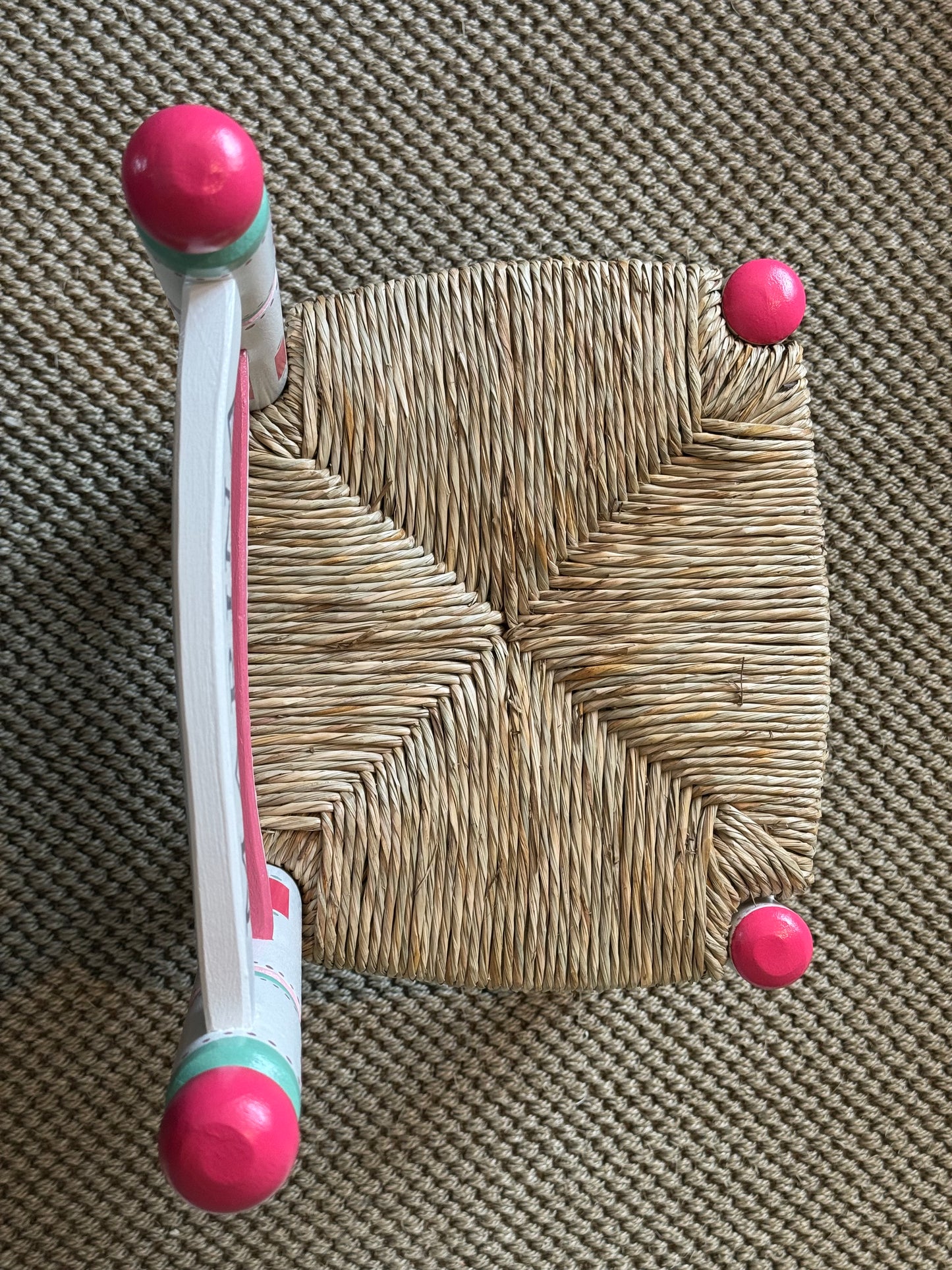 Hand-painted personalised child's chair with rush seat.  Bright colours, fun design. 