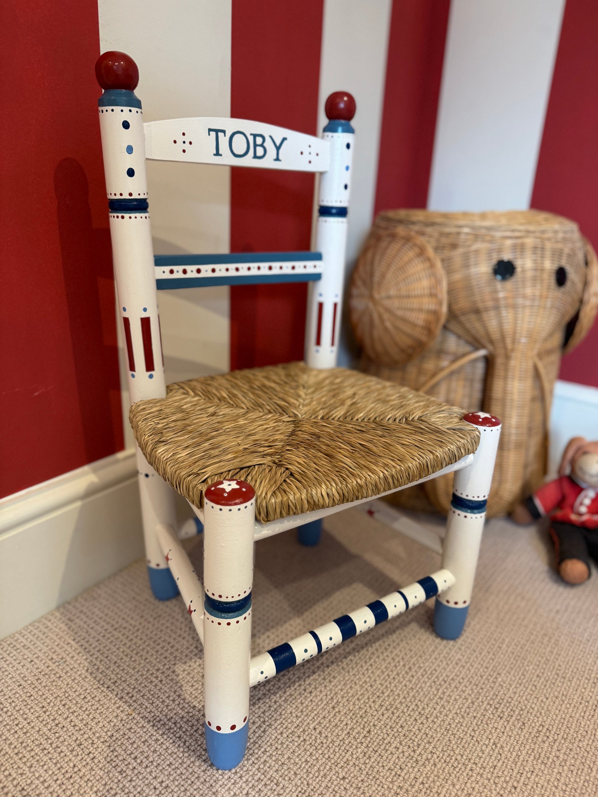 Front view of hand-painted Toby children's chair with traditional woven rush seat, personalised with child's name — Mimi & Mots