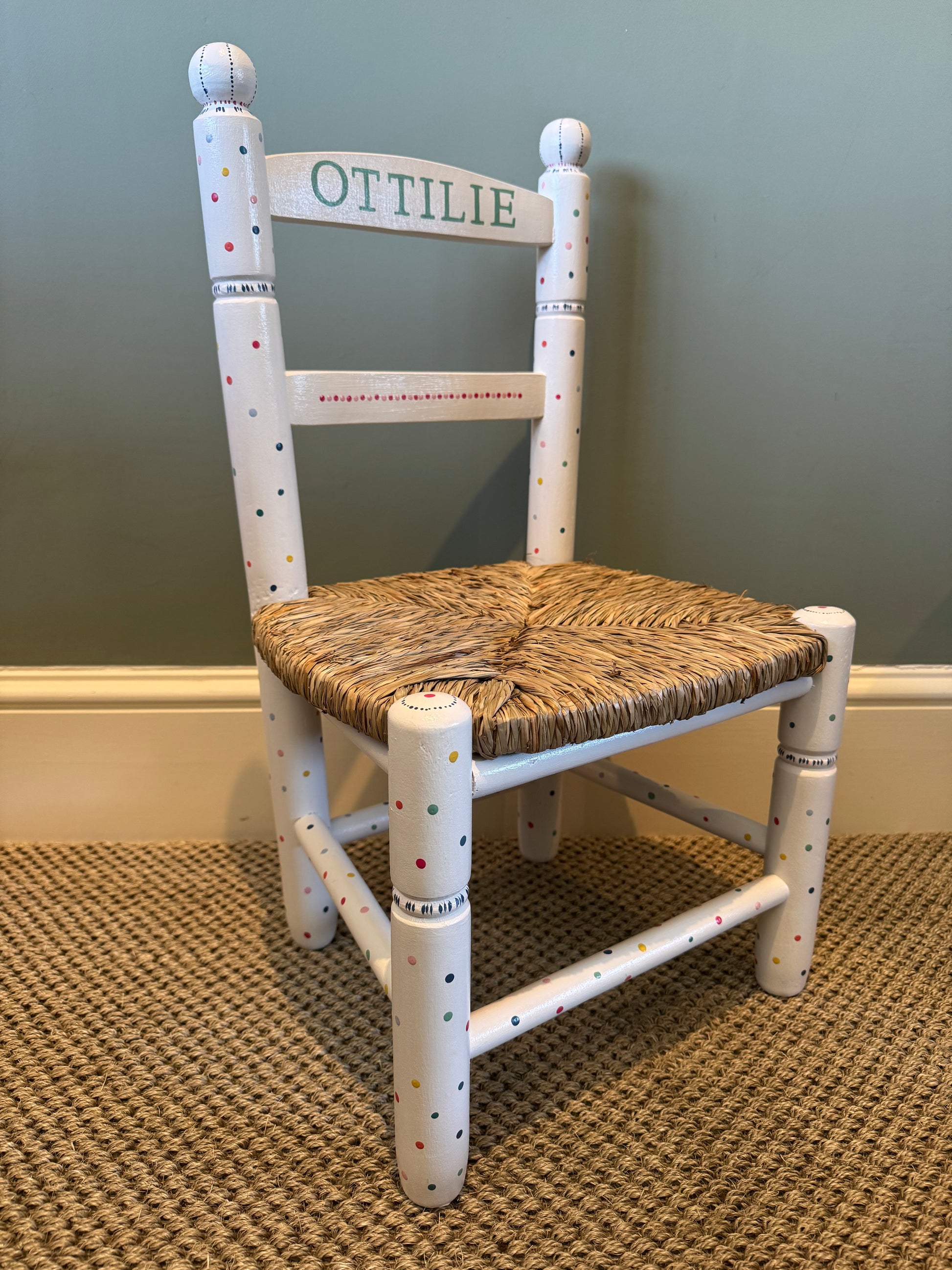 Side view of personalised children's chair with traditional woven rush seat — Ottilie Chair by Mimi & Mots