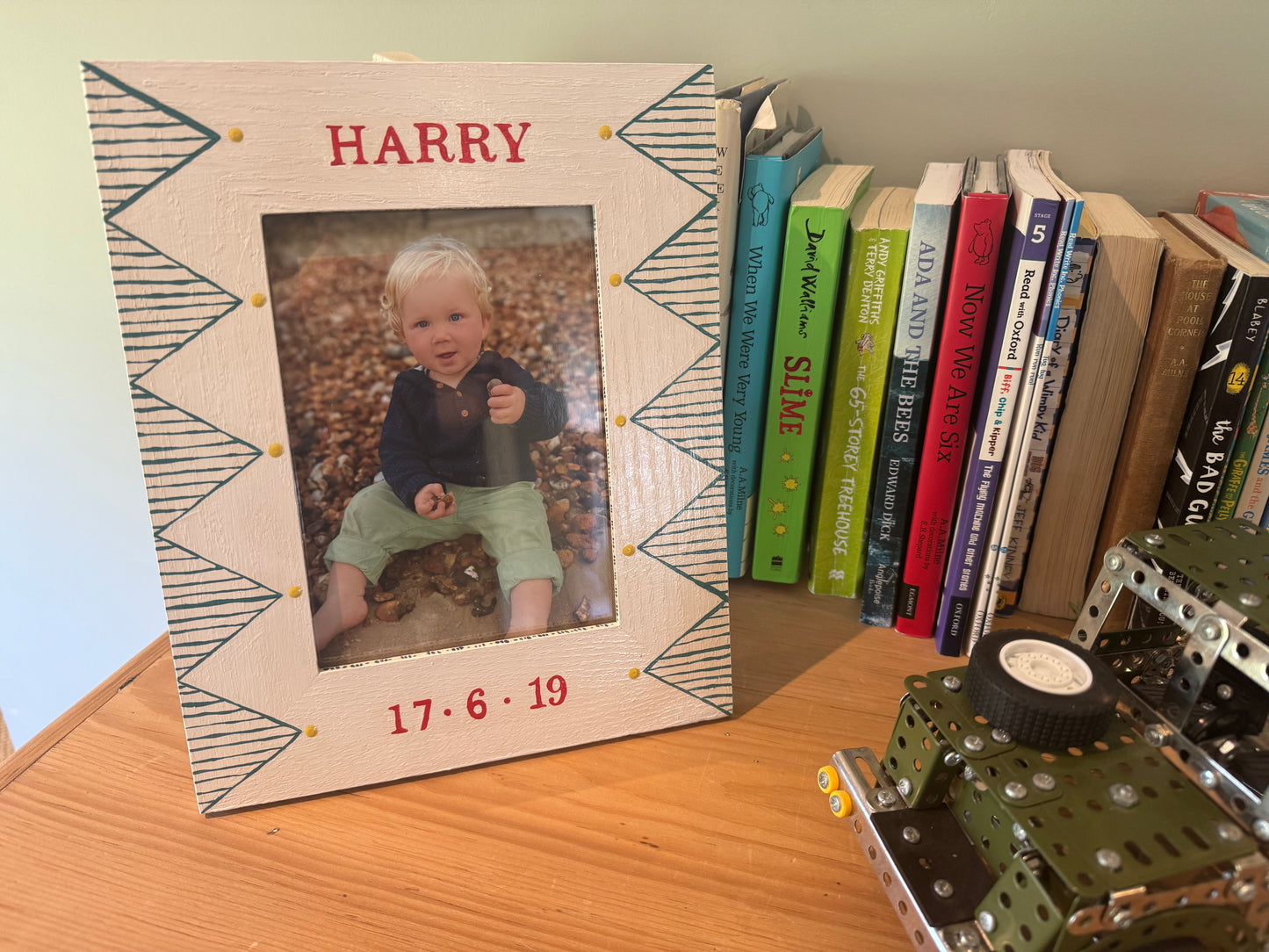 Personalised green geometric oak photo frame in landscape orientation, handmade in the UK — Mimi & Mots