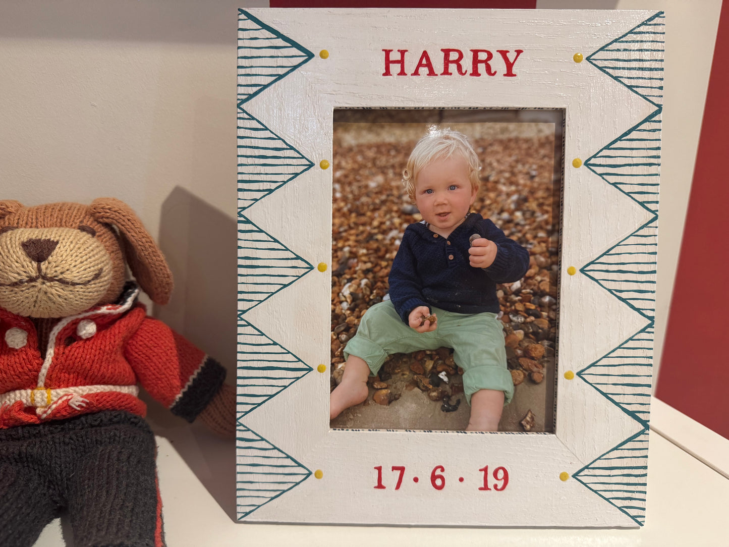 Hand-painted solid oak photo frame with green geometric pattern, personalised with child's name and date — Mimi & Mots