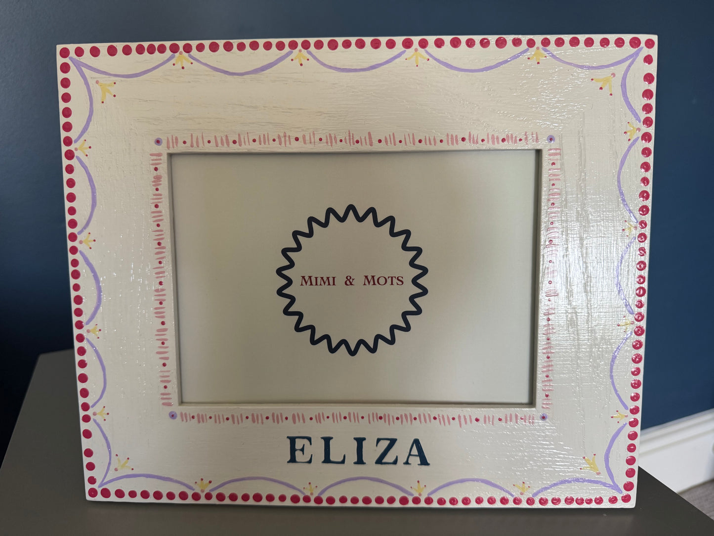 Hand-painted solid oak girls photo frame personalised with child's name in chosen colour — a unique gift by Mimi & Mots