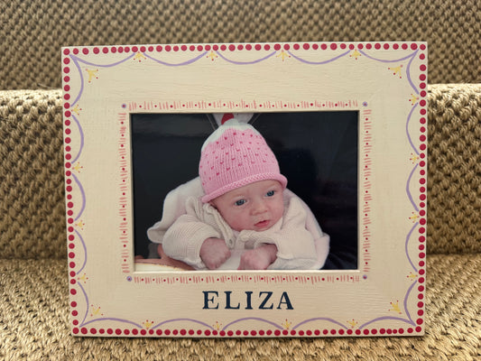 Personalised hand-painted girls photo frame in soft pinks, purples and yellows with child's name — Pink Frame by Mimi & Mots