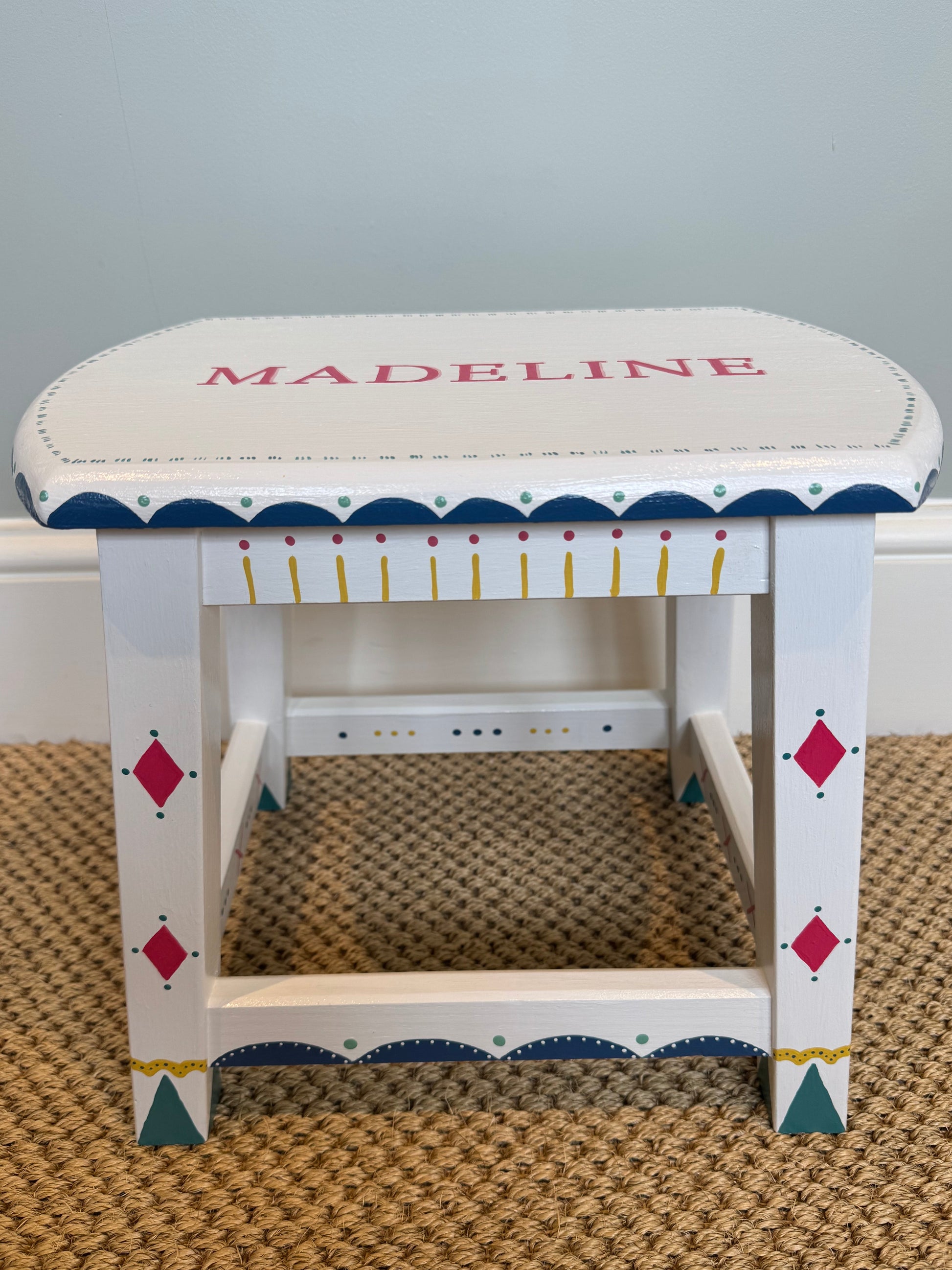 Childrens step stool with pink personalised name and design. 